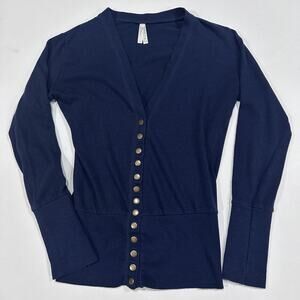 COLOR STORY Top Snap Button Up M Blue V Neck Long Sleeve Button Front Ribbed Hem